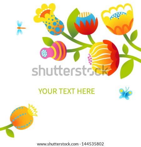 Colorful floral pattern with dragonfly and butterflies. Bright flowers and place for your text. It can be used for decorating of invitations, greeting cards, decoration for bags and clothes.