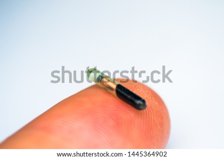 close-up photo of a microchip for pets on human finger Royalty-Free Stock Photo #1445364902