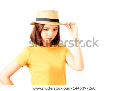 Beautiful Asian Woman Wearing Hat Standing On White Background, 30-34 years 