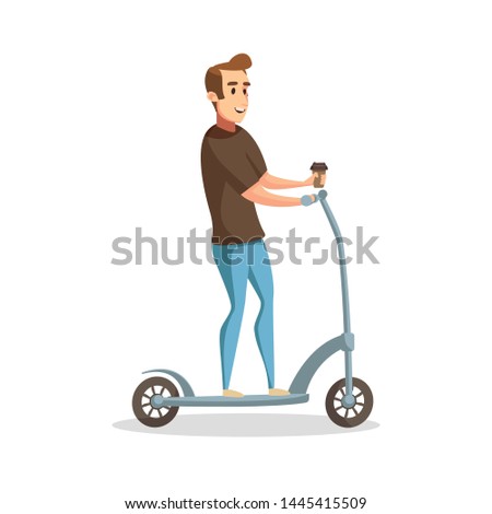 Man office worker laughing while riding Electric Scooter and holding a coffee paper cup. Modern eco transport concept. Renting a mobility scooter illustration graphic design.