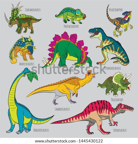 Icons of prehistoric reptile monsters. Outline of Triceratops and Brachiosaurus, Tyrannosaurus and Stegosaurus, Spinosaurus and Velociraptor, Ankylosaurus and Tyrannosaurus, Hasmosaurus and Lambeosaur Royalty-Free Stock Photo #1445430122