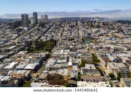 Panorama of the city of San Francisco aerial view in clear sunny weather. Concept, tourism, travel.