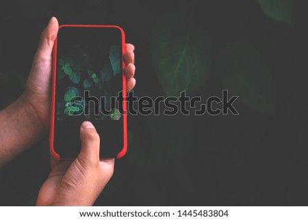 Hand holding mobile phone and take a photo of green leaves on dark blurred background. Eco nature lifestyle concept