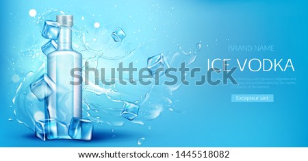 Vodka bottle with ice cubes mockup. Closed glass blank flask with strong alcohol drink mock up on blue water splash and drops background, advertising promo ad banner, Realistic 3d vector illustration