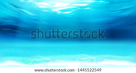 Underwater background, water surface, ocean, sea, swimming pool transparent aqua texture with waves, ripples and sun rays falling to bottom, template for advertising. Realistic 3d vector illustration Royalty-Free Stock Photo #1445522549