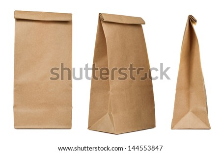 Brown paper bag set isolated on white background Royalty-Free Stock Photo #144553847