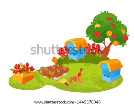 Vector cartoon garden in children's style. Vector illustration in children's style, for children's books, posters, stickers or room decor