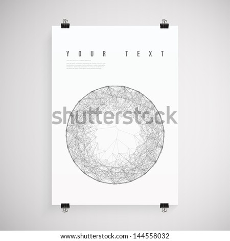 A4 / A3 Format paper design with text, minimal abstract sphere, paper clips and shadow Eps 10 vector illustration