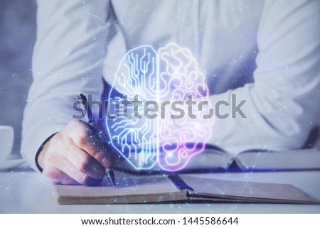 Man with multi exposure brain theme icons.