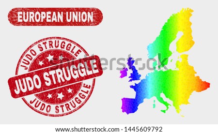 Rainbow colored dot European Union map and seals. Red round Judo Struggle distress seal. Gradient rainbow colored European Union map mosaic of randomized round dots.