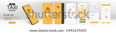 Call a taxi online, mobile application. UI, UX, KIT Application. Online mobile application order taxi service in flat style. GUI screens including sign In, cab booking, map navigation. Finished app Royalty-Free Stock Photo #1445619605