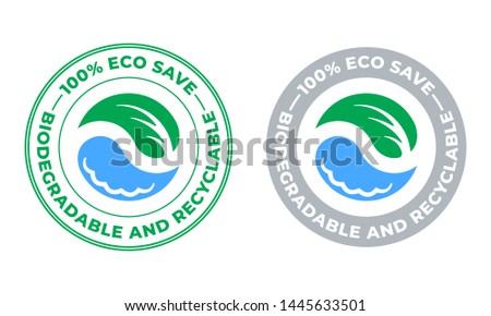 Biodegradable and recyclable vector icon. Eco save bio recycling and degradable package, green leaf and water drop stamp logo