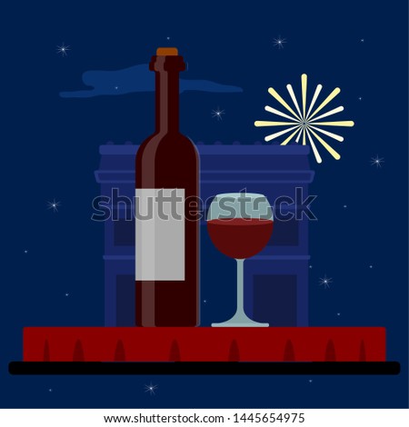 Colored french landscape at night with the Arch of Triump - Vector