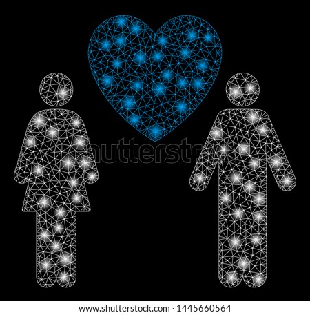Glowing mesh love couple with glare effect. Abstract illuminated model of love couple icon. Shiny wire carcass polygonal network love couple. Vector abstraction on a black background.
