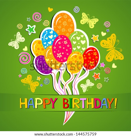 Happy Birthday card. Celebration green background with butterfly, balloon and place for your text. vector illustration