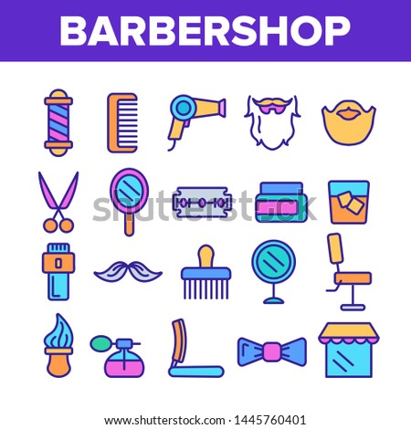 Barbershop Accessories Vector Thin Line Icons Set. Barbershop Accessories, Hairdressers Tools Linear Pictograms. Combs, Blow Dryer, Shaving Instruments, Professional Furniture Contour Illustrations