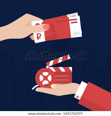 Flat Woman Hand Paying for Movie with Rubles. Man Hand Giving Her Movie and Clapboard on a City background. Making Payment, Purchase Vector Illustration