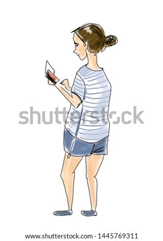 Hand drawn sketch of cartoon character young woman standing and reading isolated on white