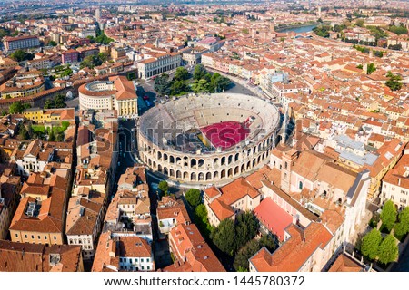 Verona Arena aerial panoramic view. Arena is a Roman amphitheatre in Piazza Bra square in Verona, Italy Royalty-Free Stock Photo #1445780372