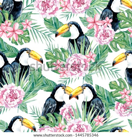watercolor summer tropical mood, bird seamless patettern, exotic birdlife for the textile fabric and wallpaper