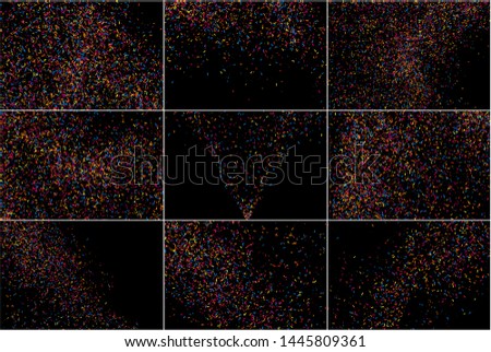 Set of Multicolored Texture Isolated on Black. Colorful Explosion of Confetti. Celebratory Background. Flat Design Element. Vector Illustration, EPS 10.