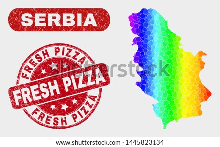 Rainbow colored dot Serbia map and seal stamps. Red round Fresh Pizza grunge stamp. Gradient rainbow colored Serbia map mosaic of scattered round elements. Fresh Pizza seal with grunged surface.