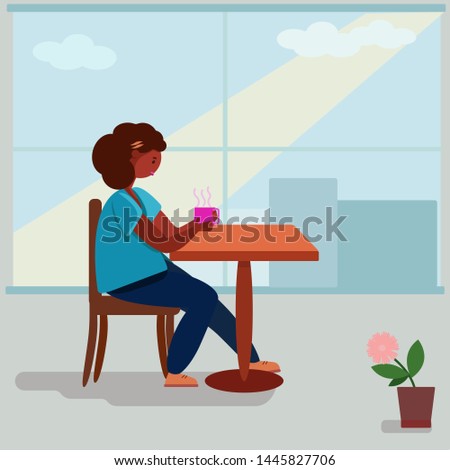 African american woman is drinking coffee in the cafe. Vector illustration of beauty body positive female.