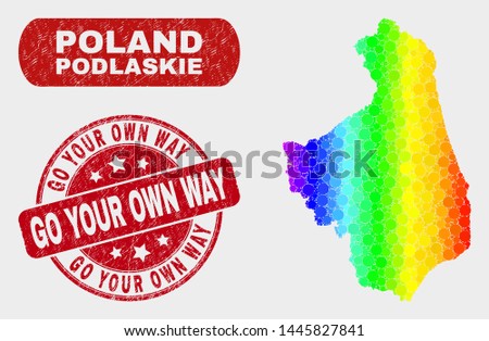 Spectrum dot Podlaskie Voivodeship map and seal stamps. Red round Go Your Own Way distress watermark. Gradient spectrum Podlaskie Voivodeship map mosaic of randomized small circles.
