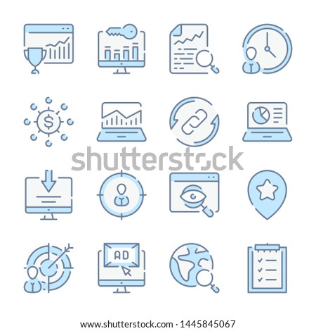 Search Engine Optimization, Business and Marketing related blue line colored icons.