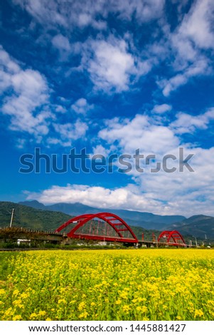 Hualien village and train scenery in eastern Taiwan, the Chinese characters on the bridge are: "Hualien No. 1 Bridge and No. 2 Bridge"