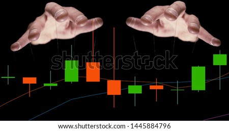 We are being manipulated. Puppet master hands controlling our stocks and shares Royalty-Free Stock Photo #1445884796