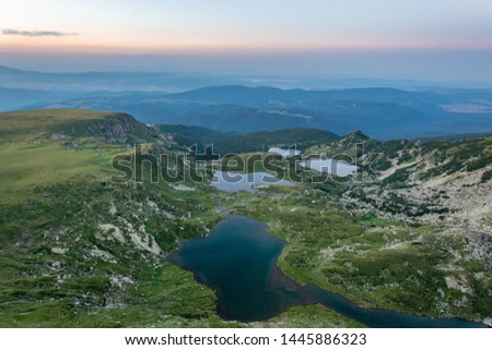 Sunset aerial view of seven rila lakes in Bulgaria