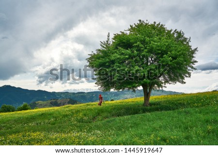 Girl with traditional dress walks near a lonesome tree in a green meadow, and dramatic white clouds passing above. Landscape photo was taken in Savsat, Artvin, Black Sea / Karadeniz region of Turkey