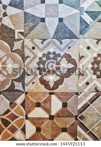 Ceramic tiles with geometric patterns for wall and floor decoration. Concrete stone surface background. Set of textures for interior design project.