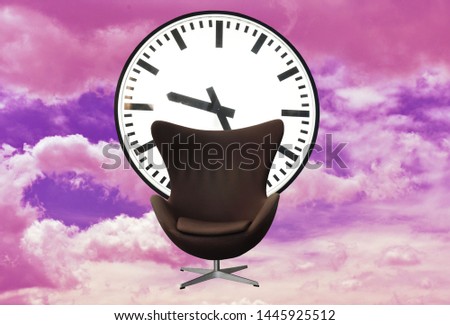 Business time concept. a clock behid business chair on pink cloudy background
