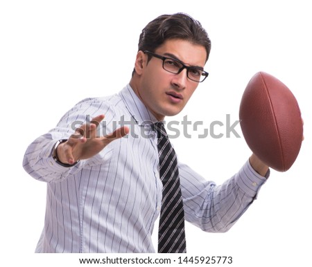 Young businessman with american football isolated on white