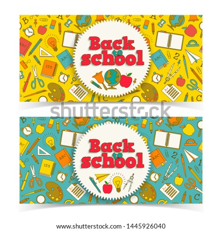 Education horizontal banners with stickers and colorful cartoon school supplies on light background vector illustration