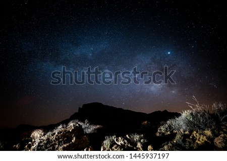 New Moon stunning Milky Way Tenerife National Park stars with mountain silhouettes night time magical