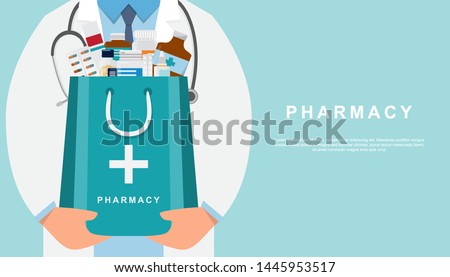 pharmacy background with doctor holding a medicine bag and copy space. drugstore cartoon character design vector illustration Royalty-Free Stock Photo #1445953517