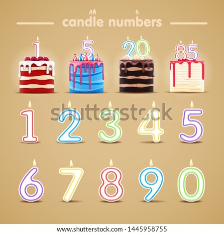 Vector illustration of set of candle numbers with cakes. Birthday card design elements.