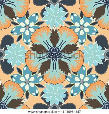 Optical illusion. Vector illustration good for the interior design, printing, web and textile design. Seamless texture of floral ornament in yellow, beige and blue colors.