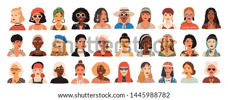 Collection of portraits of cute funny young stylish women. Bundle of smiling hipster girls with different hairstyles and accessories. Set of modern female avatars. Flat cartoon vector illustration.