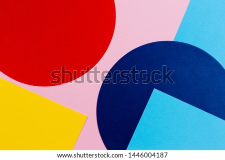 Texture background of fashion papers in memphis geometry style. Yellow, blue, light blue, red and pastel pink colors. Top view, flat lay