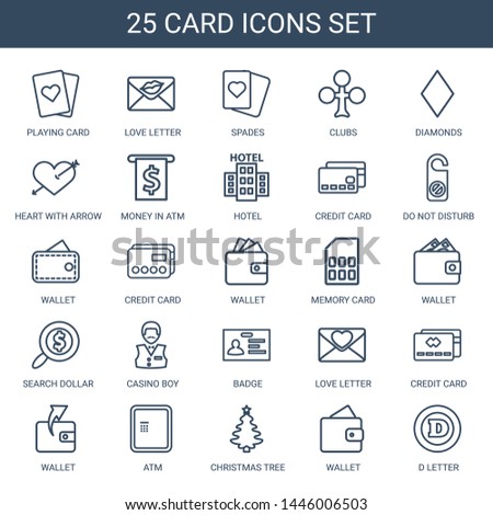 card icons. Trendy 25 card icons. Contain icons such as playing card, love letter, Spades, Clubs, Diamonds, heart with arrow, money in atm, hotel. icon for web and mobile.