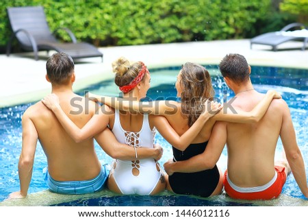 friends summer pool, summer vacation / swimming pool concept, fun youth vacation