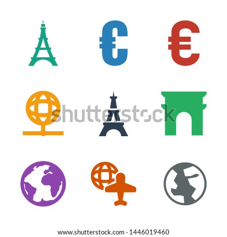 9 europe icons. Trendy europe icons white background. Included filled icons such as planet, globe and plane, Arc de Triomphe, Eiffel Tower, globe. europe icon for web and mobile.