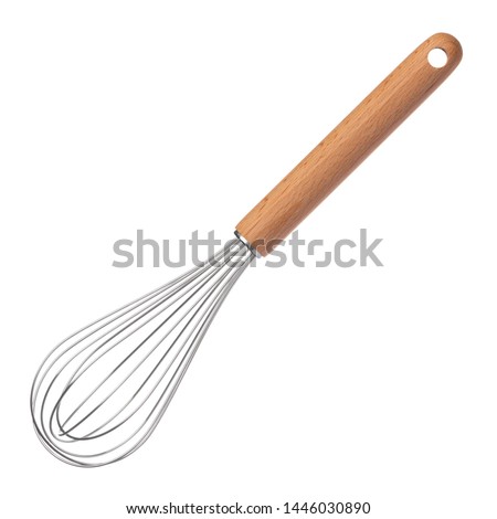Clean new steel whisk isolated on white background. Cooking egg beater mixer whisker with wooden handle. Royalty-Free Stock Photo #1446030890