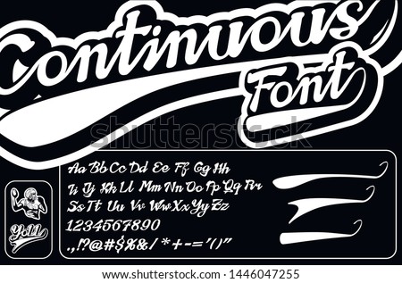 Continuous font, digits and symbols. Seamless baseball and football alphabet. Curve swooshes and football player sign. Hand drawn letters.	
