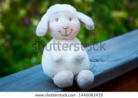 White soft toy for children, a cute little sheep sitting on the background of nature
