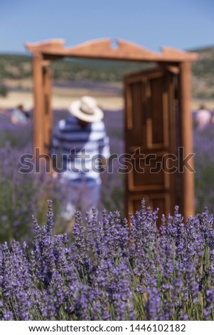 the man wearing wicker hat opening the door in the lavender field.